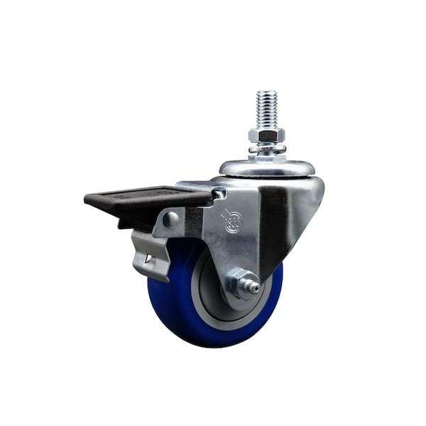 Service Caster 3 Inch Blue Polyurethane 12 Inch Threaded Stem Caster with Brake SCC-TS20S314-PPUB-BLUE-PLB-121315 - main